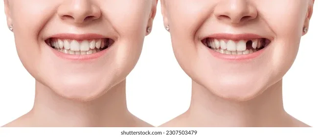 Before and after smile showing missing teeth treatment results at Dr. Anuradha Bose Dental Clinic Kolkata